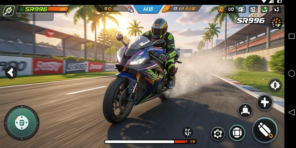 Tampilan gameplay menegangkan dalam SR996 dengan aksi balap motor yang cepat.